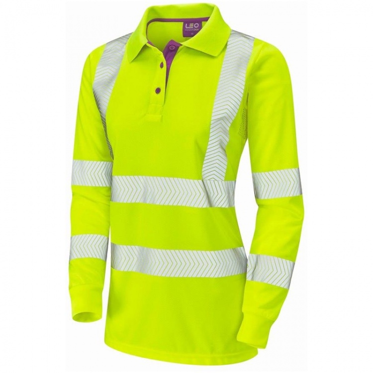 Leo Workwear PL08-Y Pollyfield ISO 20471 Class 2 Coolviz Plus Ladies Sleeved Hi Vis Polo Shirt Yellow